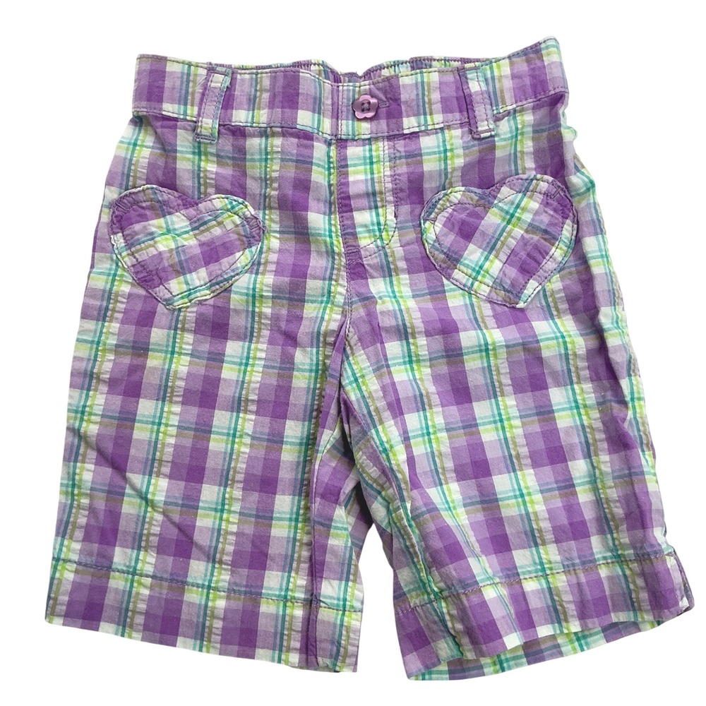 Jumping Beans Purple Plaid Shorts Kids Size 6 Heart Pockets Flower Button